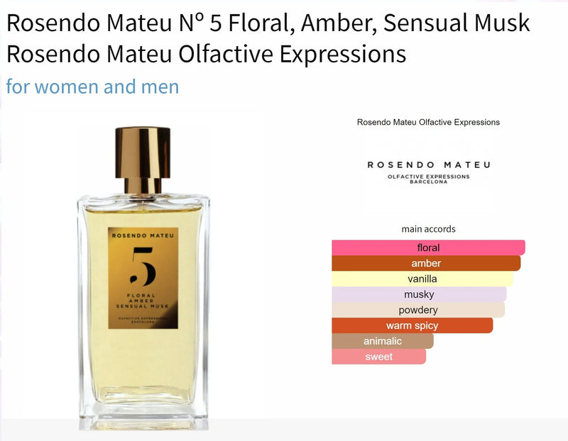 Rosendo Mateu Nº 5 Floral, Amber, Sensual Musk Rosendo Mateu Olfactive Expressions for women and men - AmaruParis