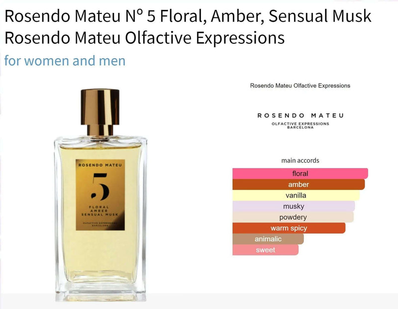 Rosendo Mateu Nº 5 Floral, Amber, Sensual Musk Rosendo Mateu Olfactive Expressions for women and men Decant Fragrance Samples - ParfumAmaruParis